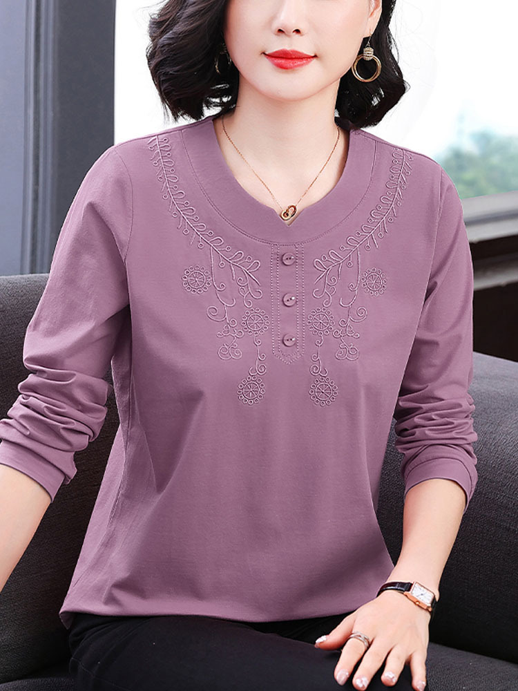 【95纯棉】新款刺绣宽松显瘦百搭圆领长袖上衣·西瓜红