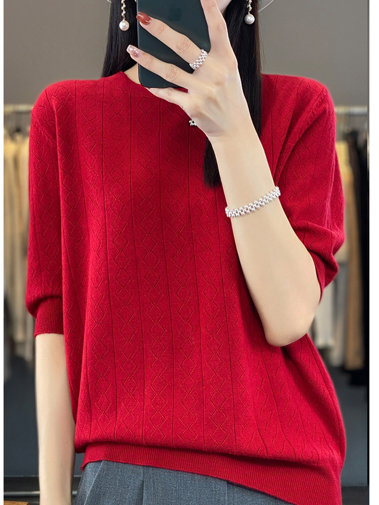 【新款特价】羊毛菱格镂空遮肉显瘦气质百搭中袖上衣·祖母绿