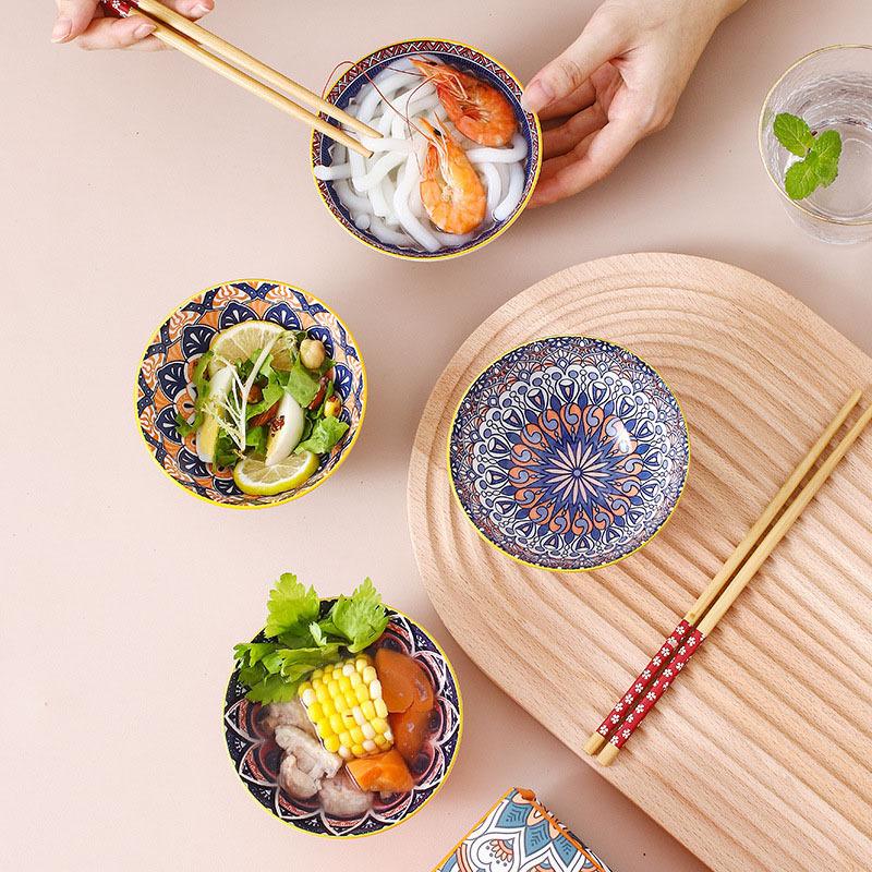 复古彩绘陶瓷波西米亚碗筷套装餐具（6碗6筷）