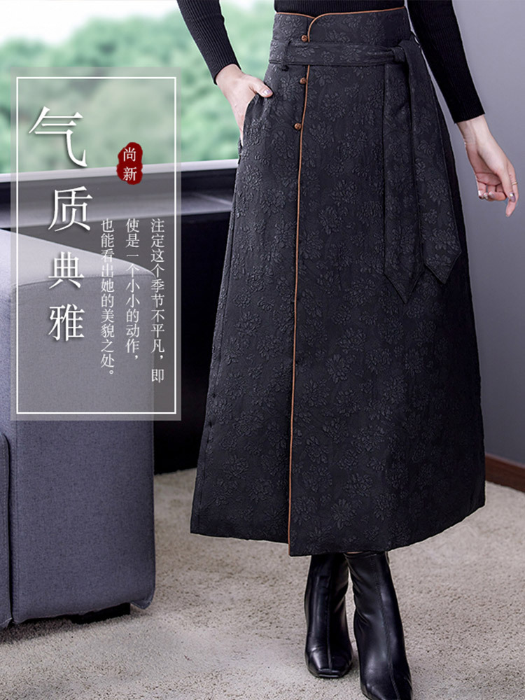 云纱冠乐绉夹棉保暖拉链高腰半身裙·黑色