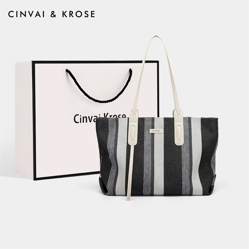 CinvaiKrose 帆布包女新款大容量托特包通勤单肩包女包手提包B6355·优雅黑条纹