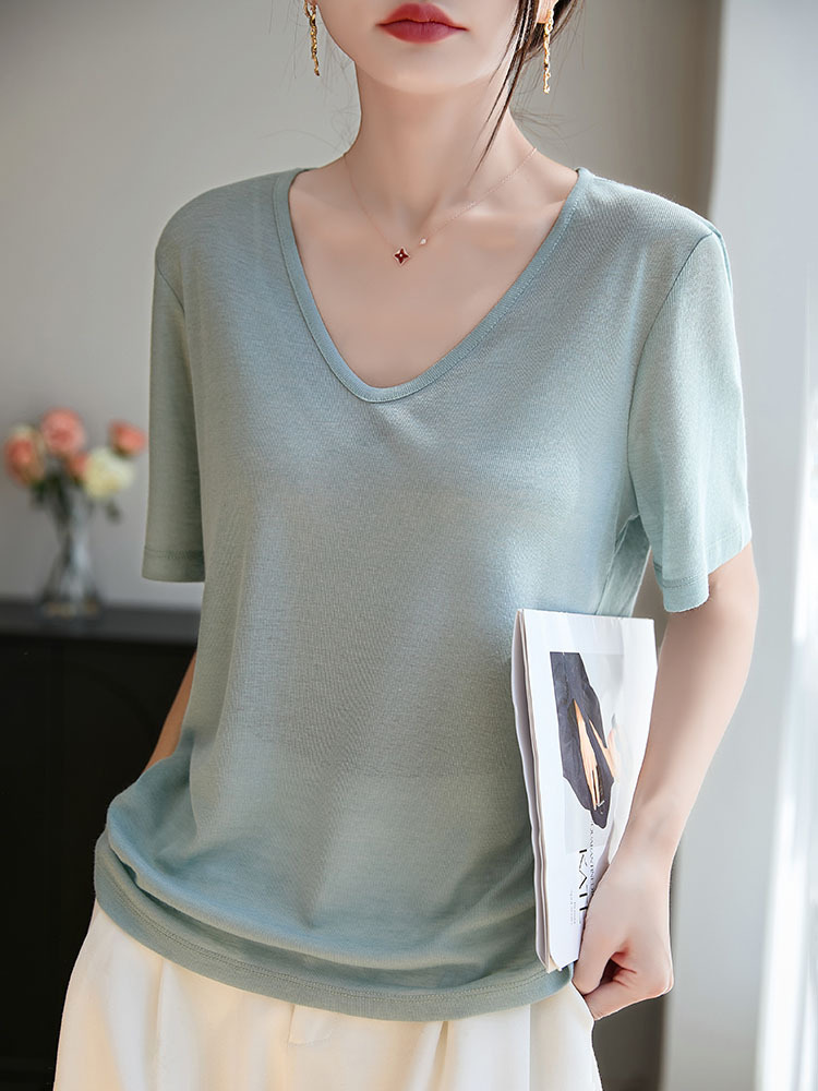 【爆款特价】凉爽透气莱赛尔天丝宽松舒适简约百搭上衣·V领-经典黑