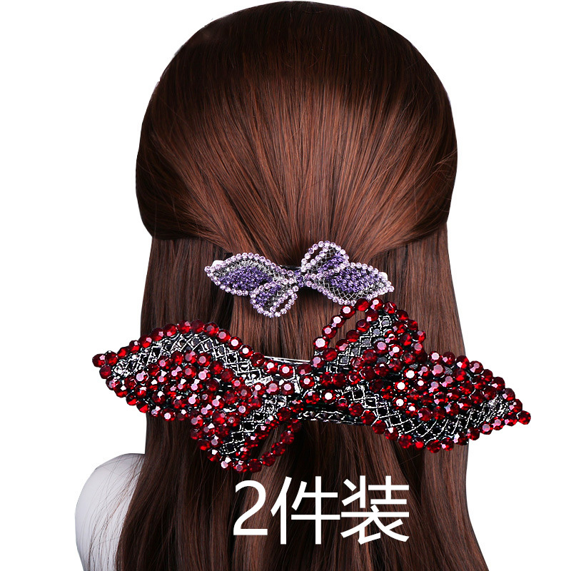 【2件装】 优雅中号弹簧发夹·水晶叶-酒红色+紫罗兰