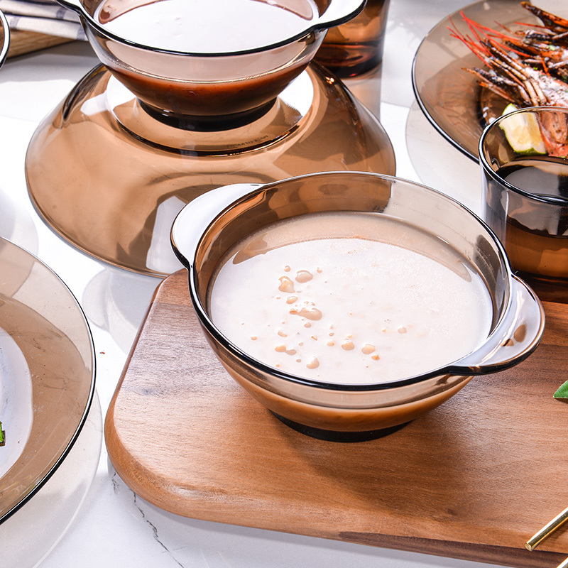 多莱斯DURALEX 法国进口钢化玻璃餐具2人8件套双耳碗沙拉碗杯盘碗套装·咖啡色