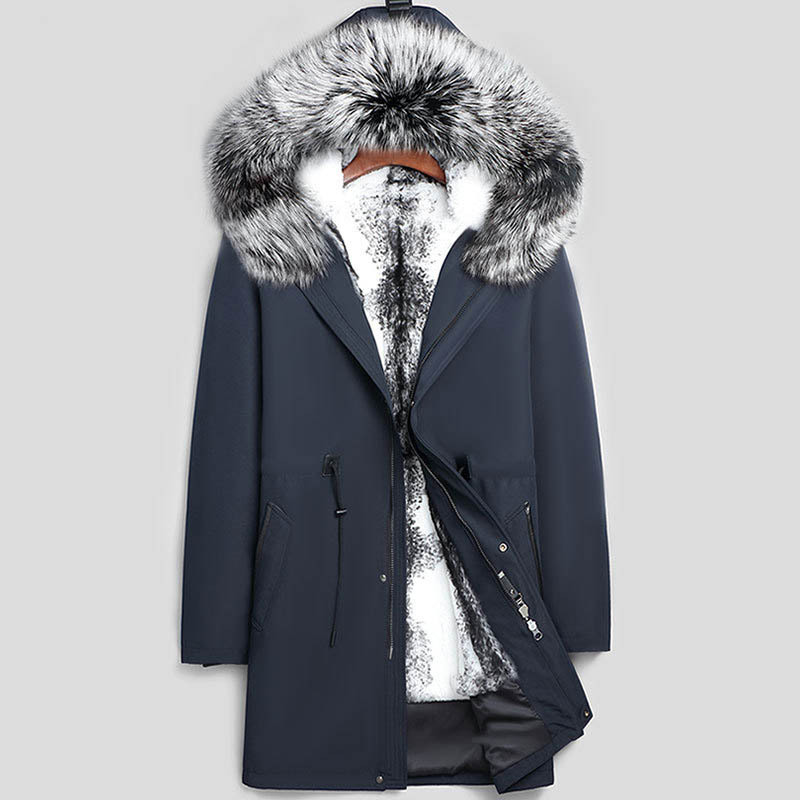 米彩微姿 银狐毛领可脱卸狐狸毛内胆时尚男士派克服x103·黑色