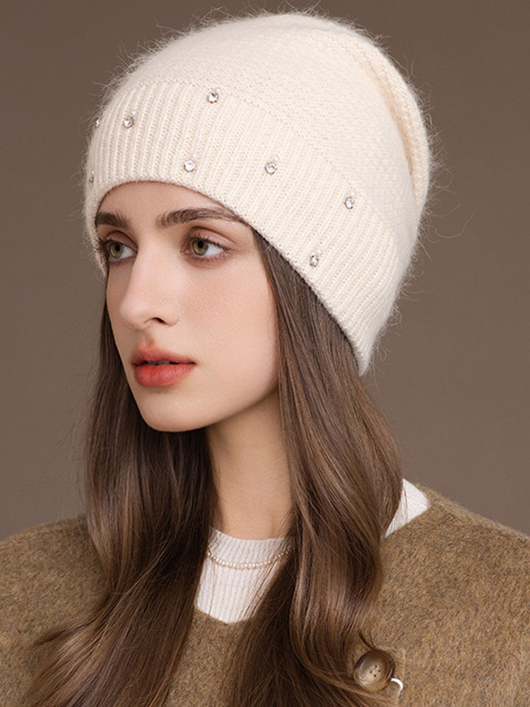 雀说 兔毛绒堆堆帽针织帽女轻奢套头毛线帽M3910·米色