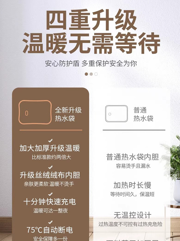 国标充电双插手热水袋防爆暖水袋暖宝宝电暖宝热宝加长暖被窝·灰色