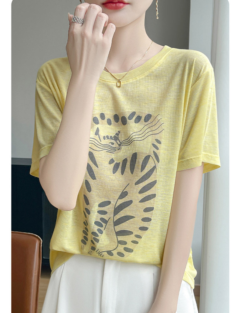 新款超细纤维圆领印花清爽透气时尚减龄短袖·灰色