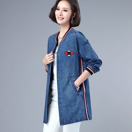 漫丽依棉质休闲牛仔外套立领中长款32628