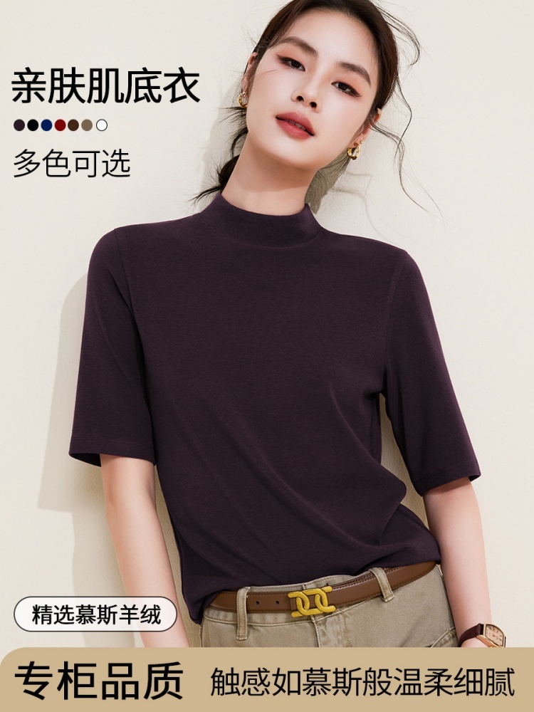 【超弹绒感】修娴半高领中袖T恤M933·安可拉红