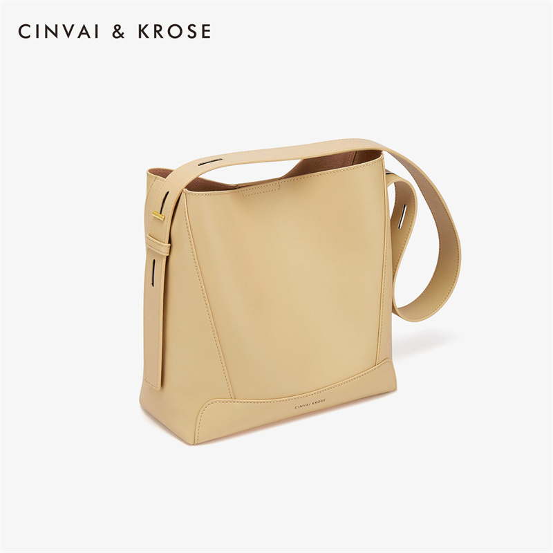 CinvaiKrose 包包潮牛皮水桶包女包大容量单肩斜挎包B6214·黄色