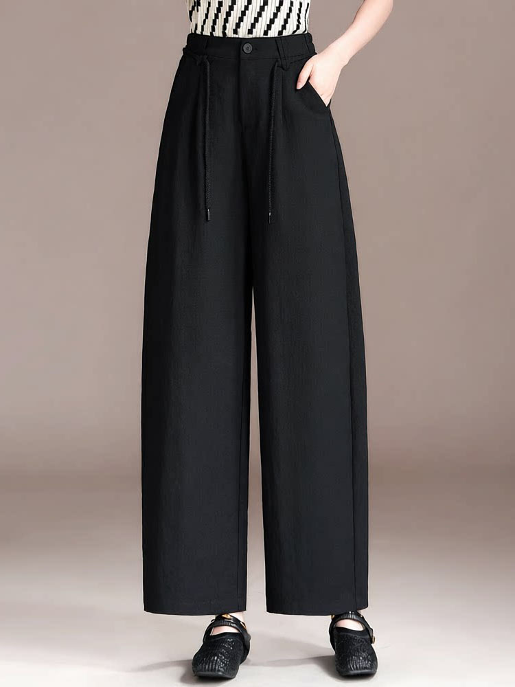 雀说 天丝亚麻弯刀裤女垂坠感高腰宽松九分休闲裤2676·黑色