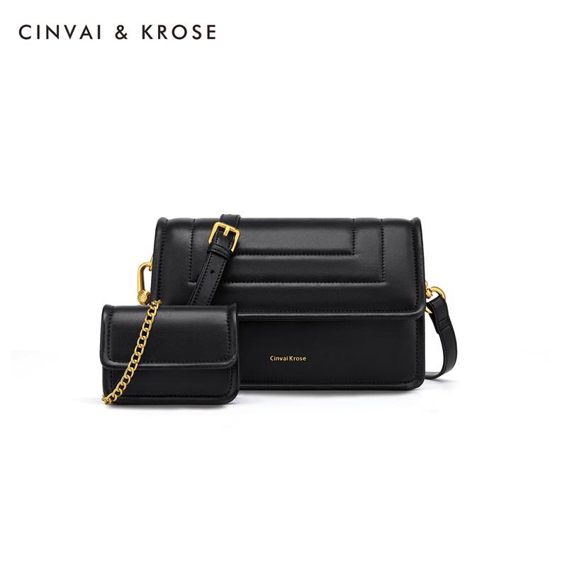 CinvaiKrose 牛皮包包新款单肩斜挎包女包百搭女士小方包B6283·性感黑