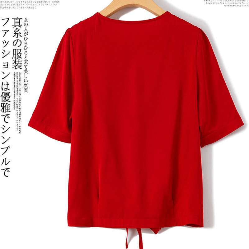 雅嘉丝羽真丝V领2020短袖上衣2157·大红