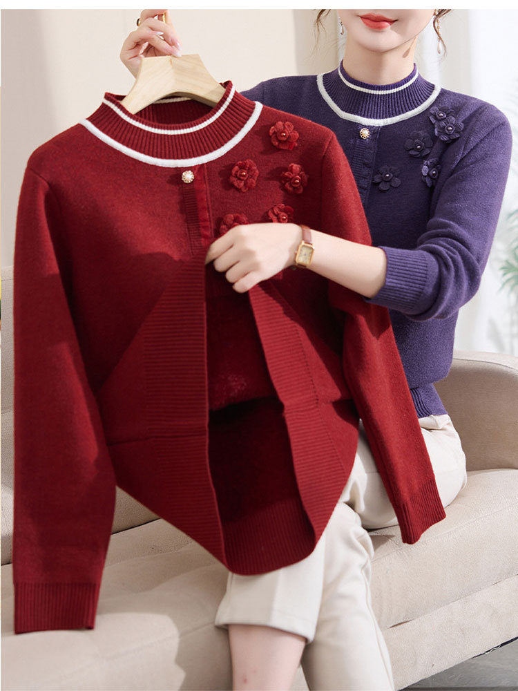 时尚珠花一体绒加厚保暖气质百搭半高领针织衫·红色加绒