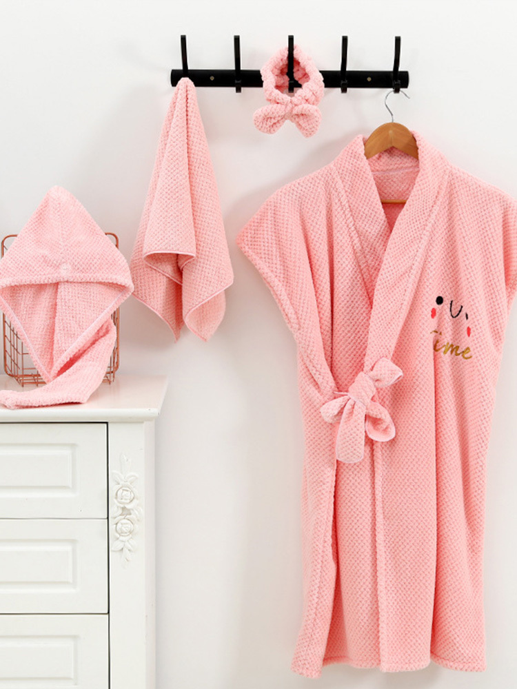 发带+浴帽+毛巾+浴裙 四件套珊瑚绒可穿浴巾干发巾毛巾发带加厚吸水洗浴套装·粉色