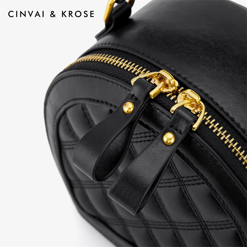 CinvaiKrose 牛皮包包女新款菱格斜挎包女包小圆包手提包C6339·圆鼓黑格