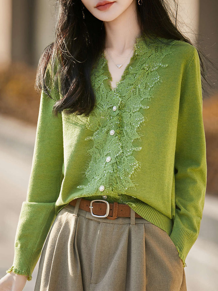 丁摩 桑蚕丝羊毛法式蕾丝拼接V领针织开衫女NS-6006-68·春辰绿