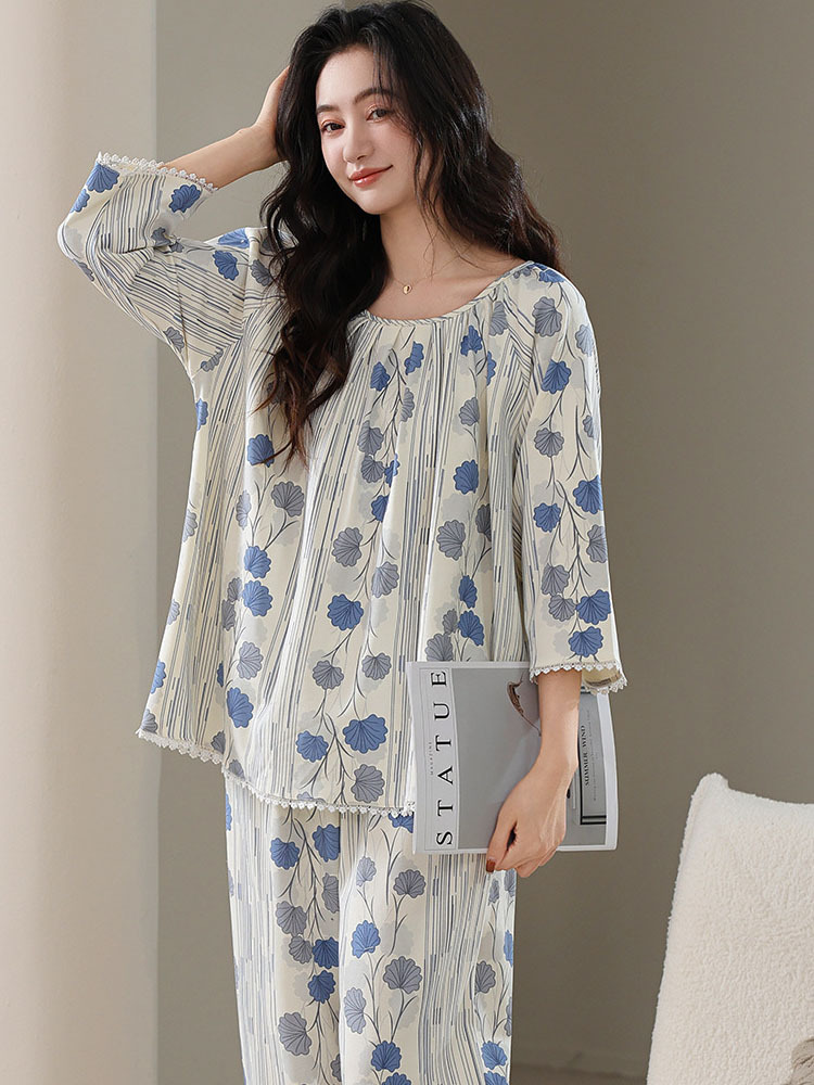 雀说 紧密纯棉睡衣女春夏季七分袖长裤家居服套装·26710