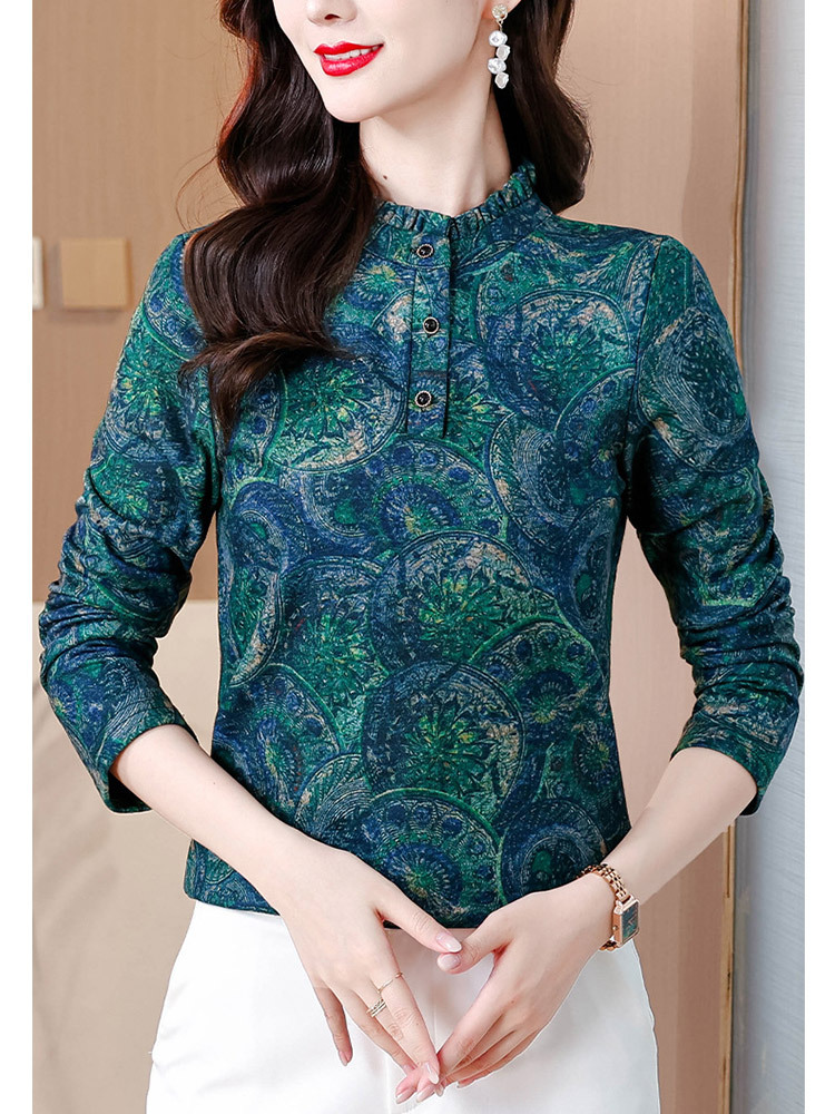 时尚印花木耳领澳绒保暖气质显瘦百搭上衣·绿花色