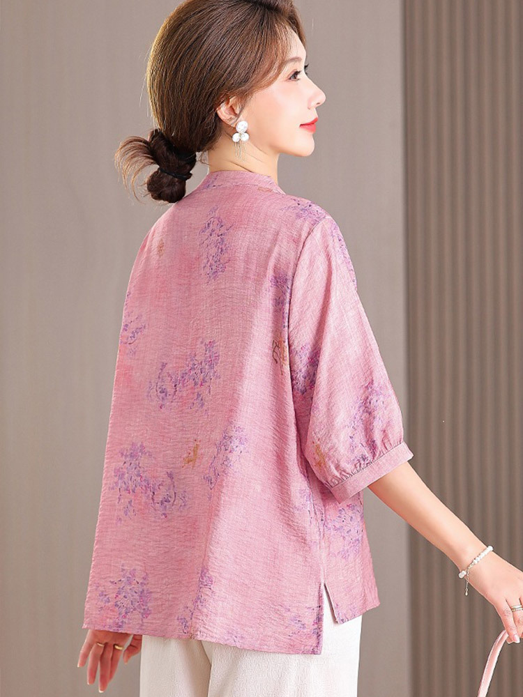 棉麻刺绣宽松大码气质显瘦中袖上衣·黄色