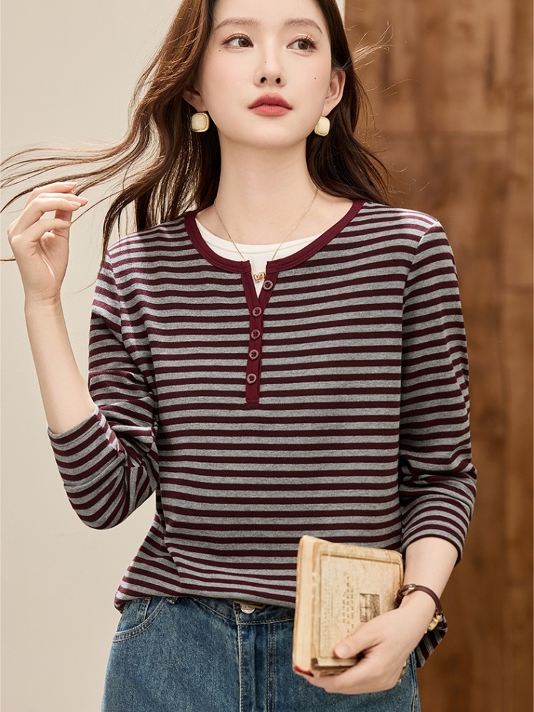 轩凌子柔肤撞色条纹圆领T恤S82530105·宝蓝间深灰