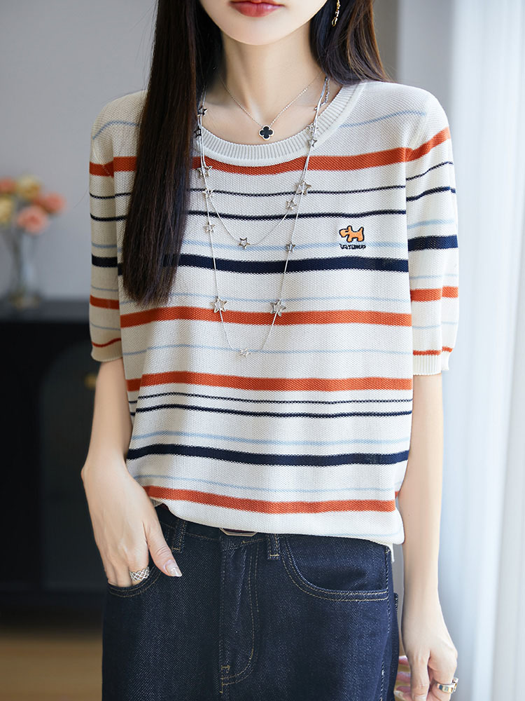 【100莱赛尔天丝】时尚条纹刺绣减龄显瘦百搭五分袖上衣·绿色