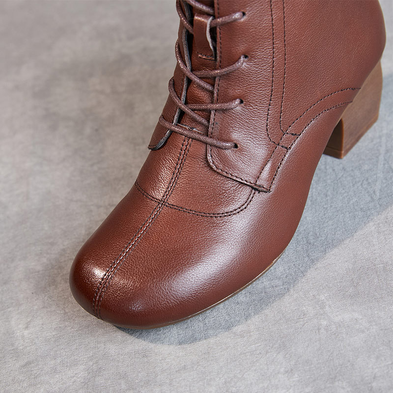 ANYMANNER秋冬新款真皮复古中粗跟软底短靴马丁靴·8563-棕色