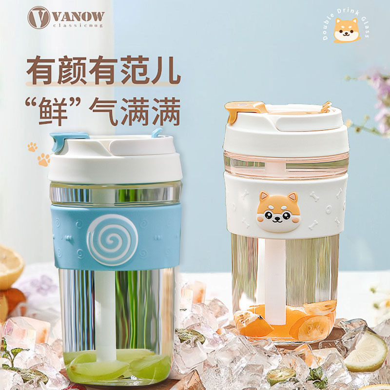 英国Vanow玻璃水杯新款带吸管泡茶咖啡杯460ml·VO-RZ35-BS小柴犬