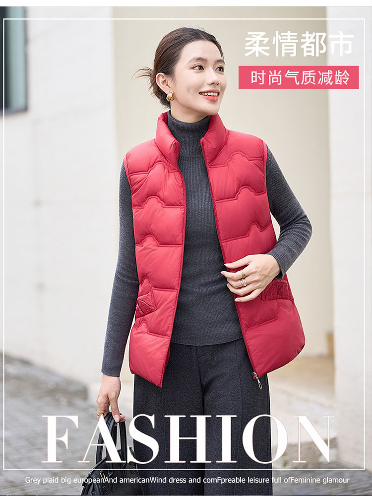 时尚羽绒棉拉链口袋保暖立领百搭马甲·红色