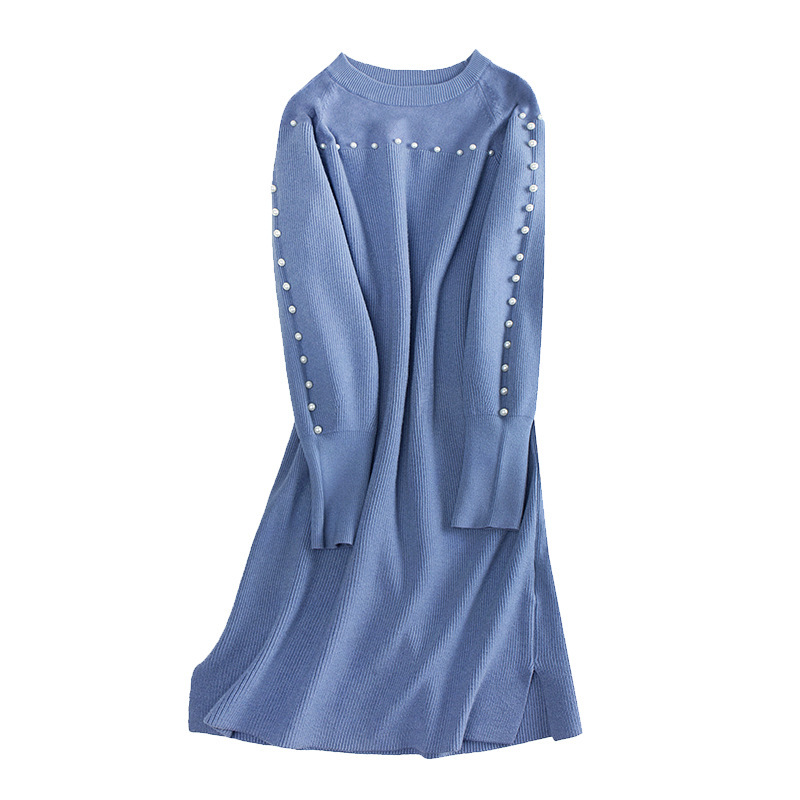 瑅艾圆领灯笼袖纯色钉珠针织毛衣裙（3色可选）·蓝色