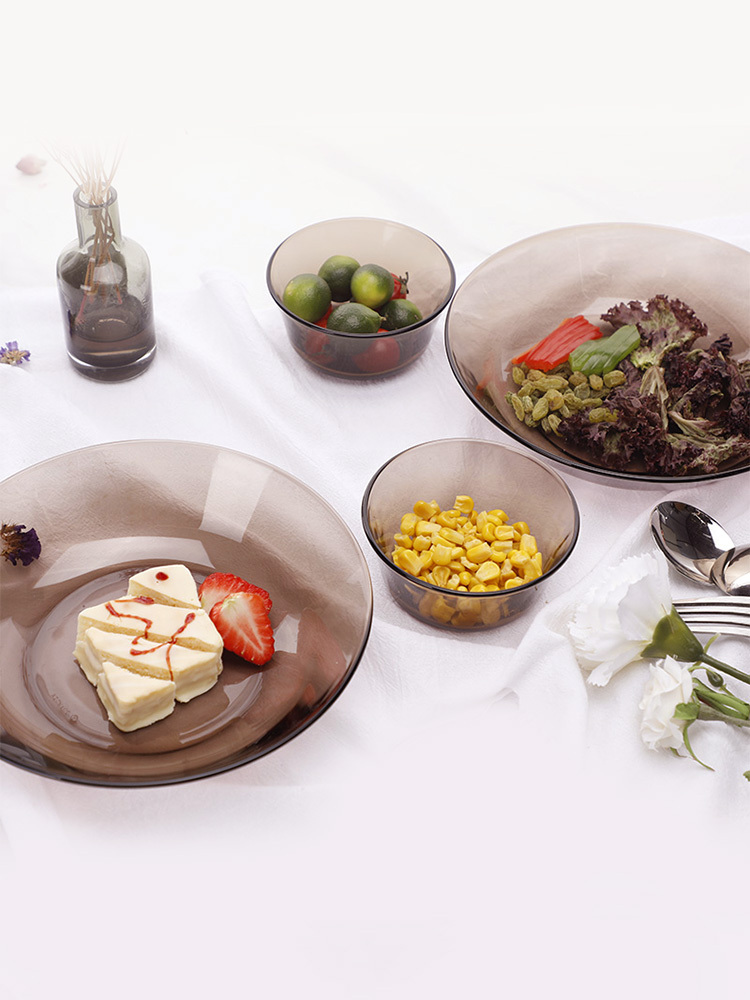 DURALEX法国原装进口钢化玻璃餐具咖啡色套装双人四件组合餐具沙拉碗饺子盘