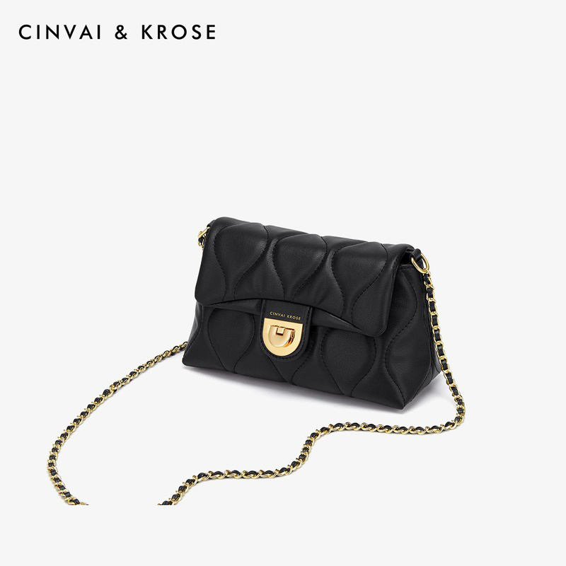 CinvaiKrose 包包新款链条牛皮斜挎包女爆款单肩包女包B6307·黑色