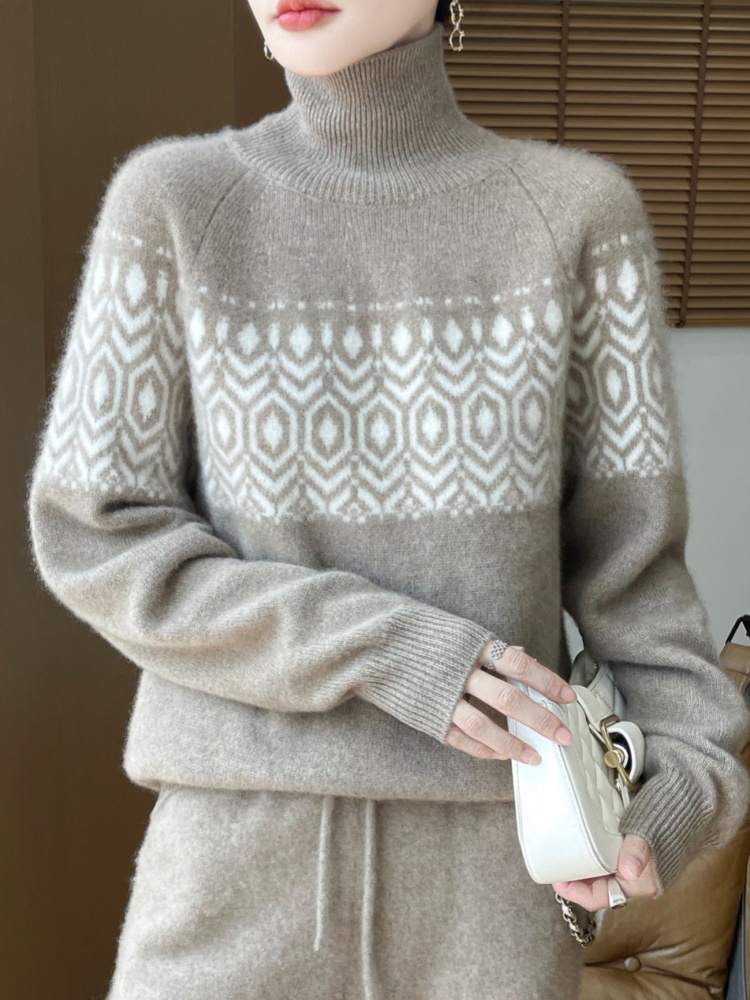 【100羊毛】特舒双股厚款复古提花高领毛衣TS-259·米色