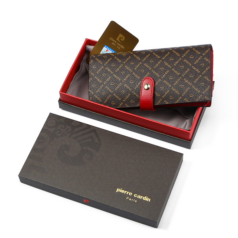皮尔卡丹女钱包简约长款印花按扣长款女士钱包盒装啡色酒红色