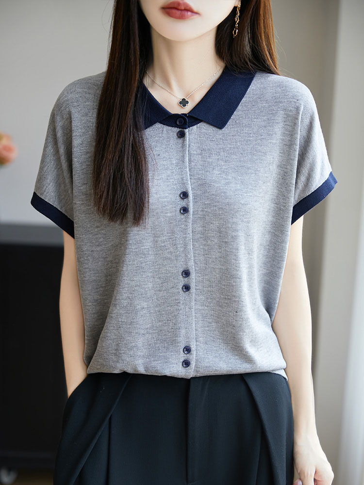 【100莱赛尔天丝】撞色POLO领气质显瘦百搭短袖·灰色