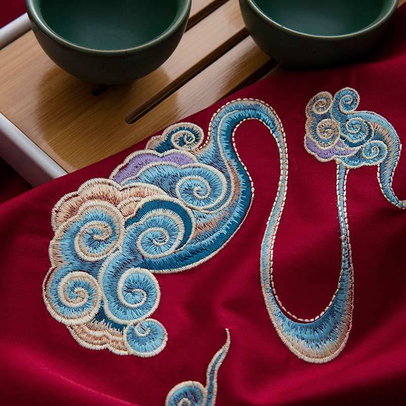 莱薇 全棉80支贡缎长绒棉活性刺绣四件套五尺床·金如意-红