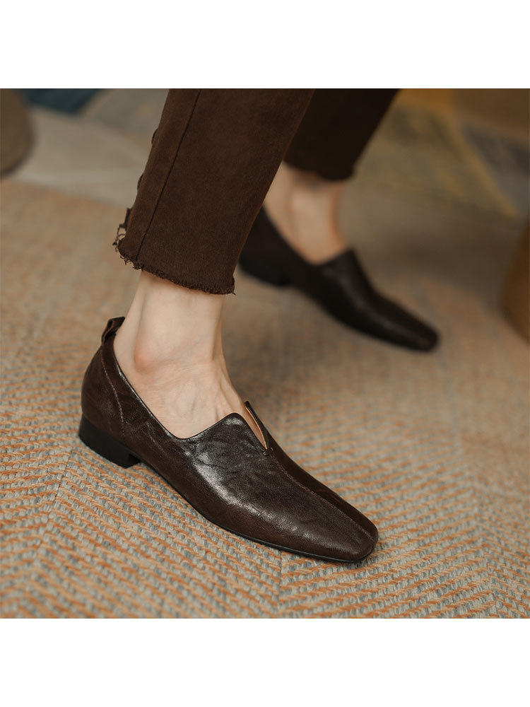布休依-泓凯-头层羊皮春季新款方头低跟复古乐福鞋·棕色