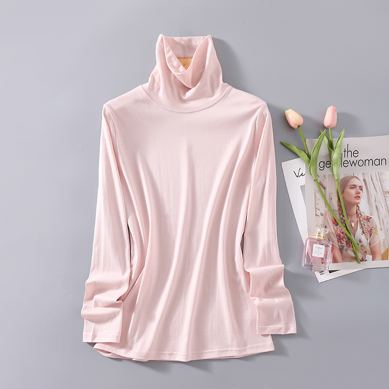 絮笈高领纯色真丝棉打底衫灰粉色