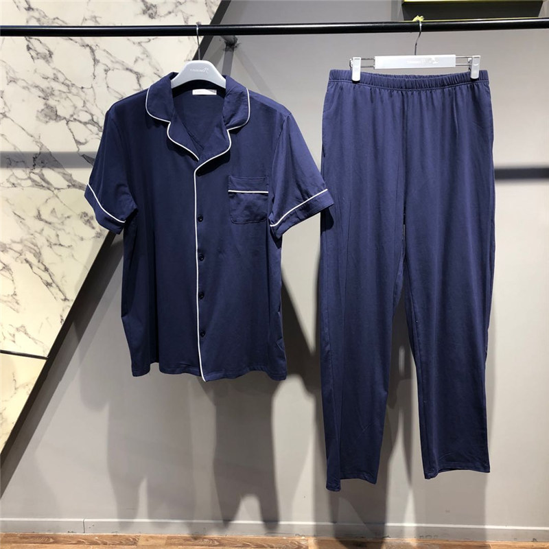 纤丝鸟男士开衫半袖长裤套装·藏蓝色
