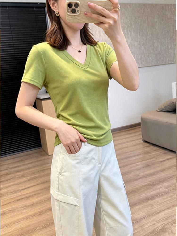 婵阅专柜高货简约心尖窄V领正肩T莱赛尔亲肤气质短袖·16717-黑色