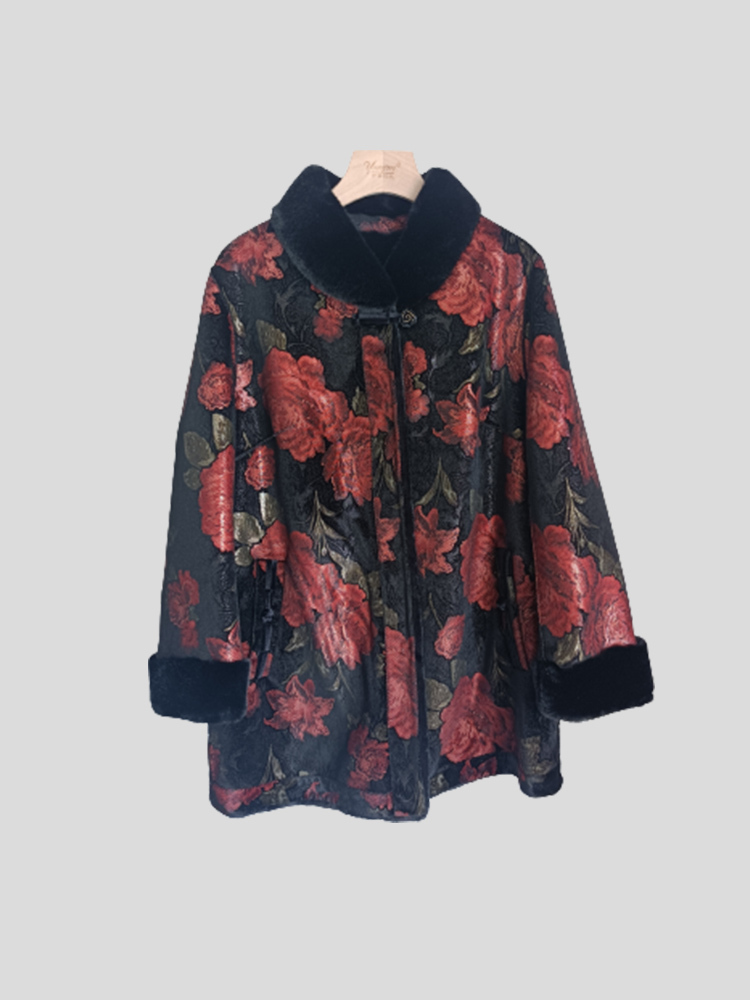 伊俪佳人浪漫烫金印花加绒外套·红绿花