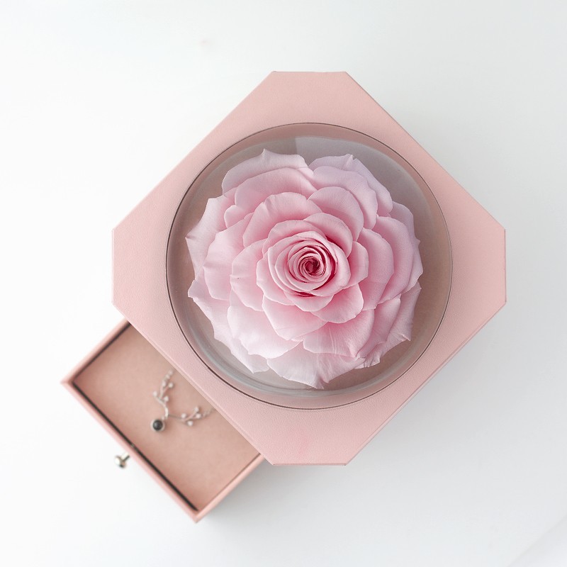 蔷薇花开 精致进口永生花礼品·巨型玫瑰首饰盒-粉色