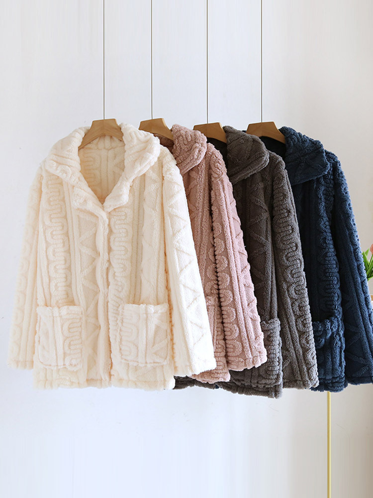 【清仓特价】男女款加厚法兰绒开扣口袋家居服·男青色