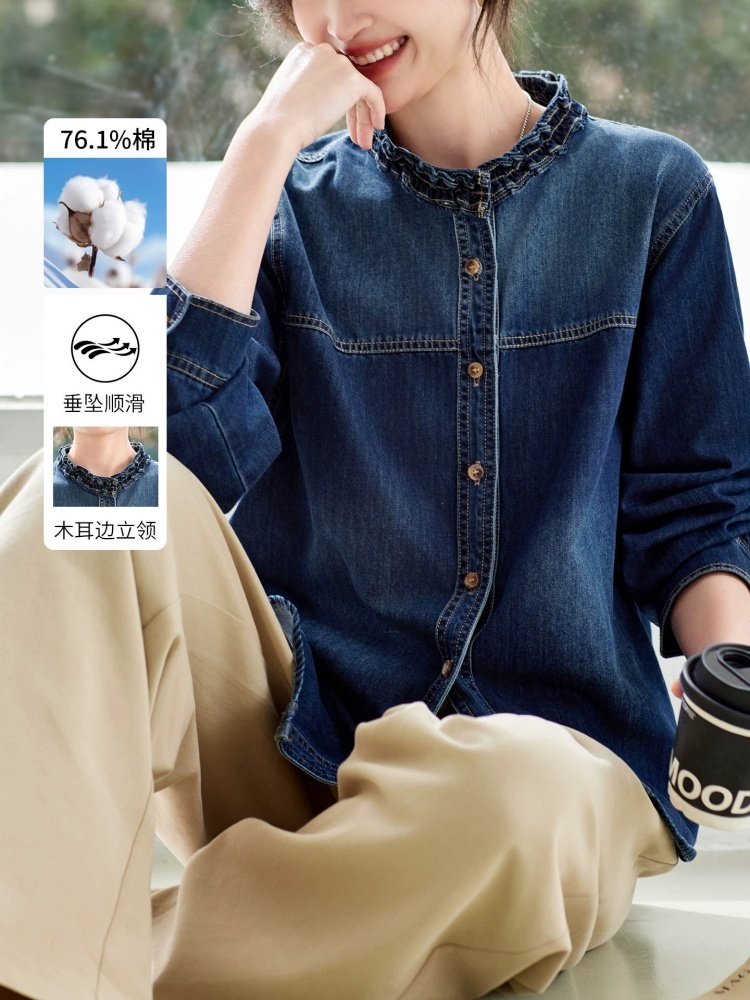 天丝棉可风各木耳领牛仔衬衫61035·牛仔蓝