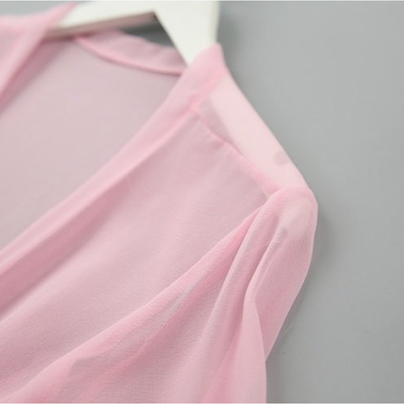丁摩 真丝乔其纱系带防晒衣空调开衫桑蚕丝外披开衫·粉红色