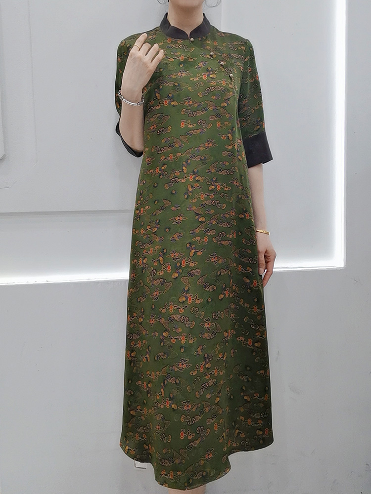锦传统手工整染香云纱重缎连衣裙H23635·绿色