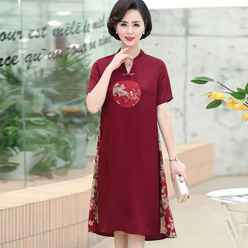 夏季中国风真丝短袖中老年连衣裙·红色  红色