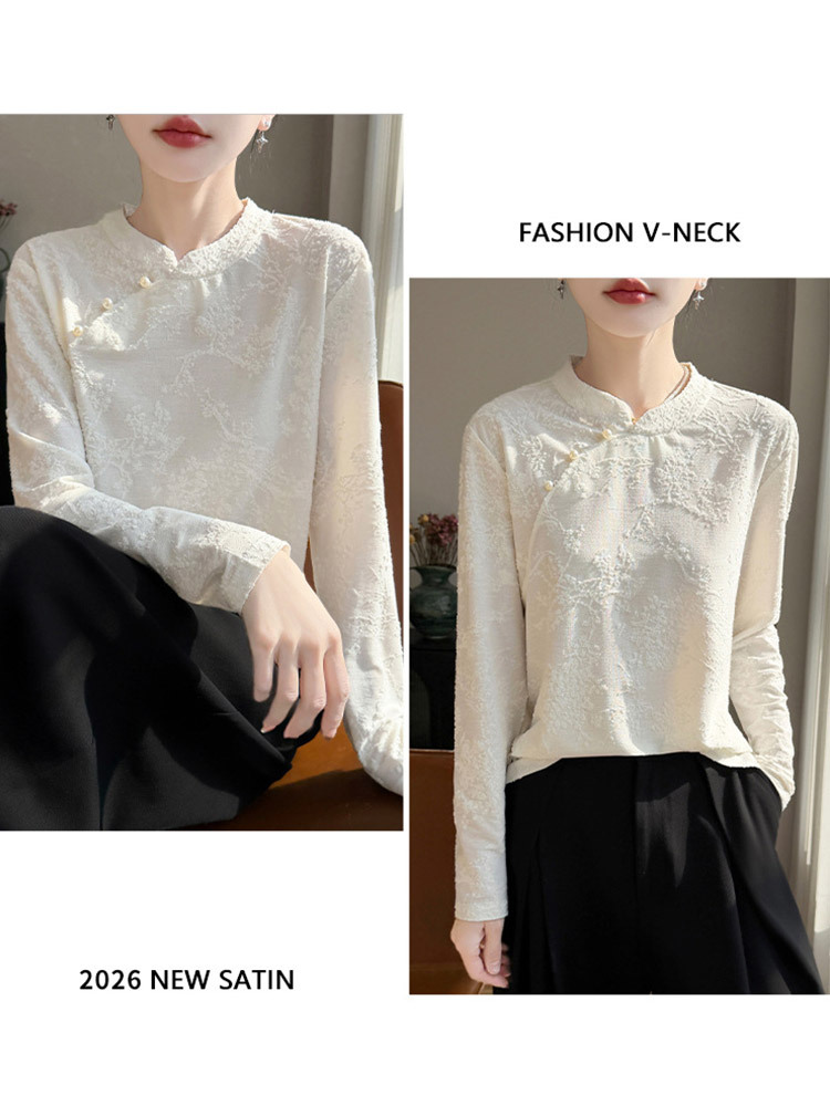 高品质精纺莱赛尔桑蚕丝国风斜扣提花长袖针织衫·安哥拉红