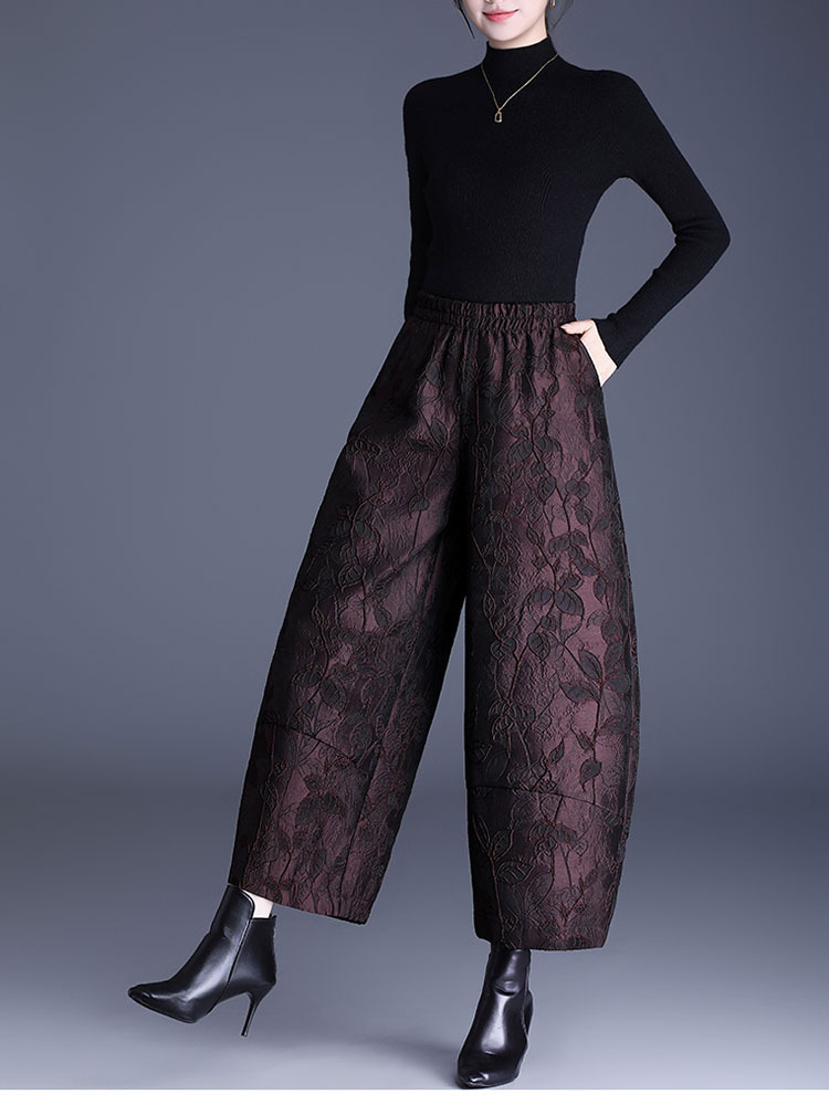 【年终聚惠】时髦提花加绒保暖松紧腰遮肉显瘦百搭花苞裤·黑色（夹棉）